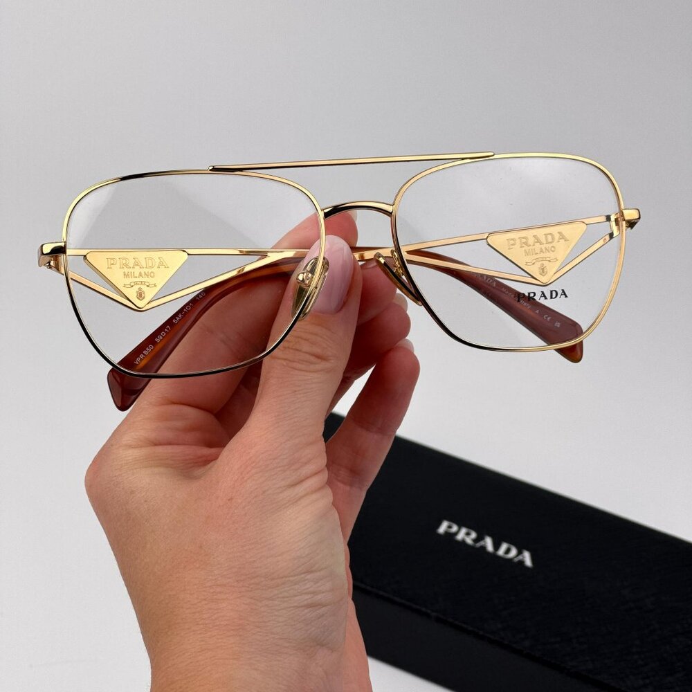 Prada PRB50V Eyeglasses – Gold Rectangle Frame | Model 5AK1O1